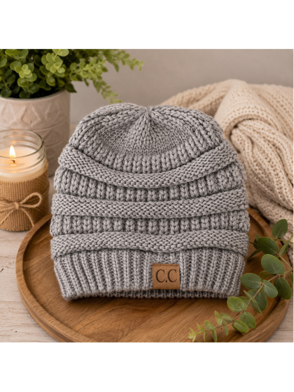 C.C BeanieTail Ribbed Knit Hat and Ear Warmer Headband W/Ponytail Spot